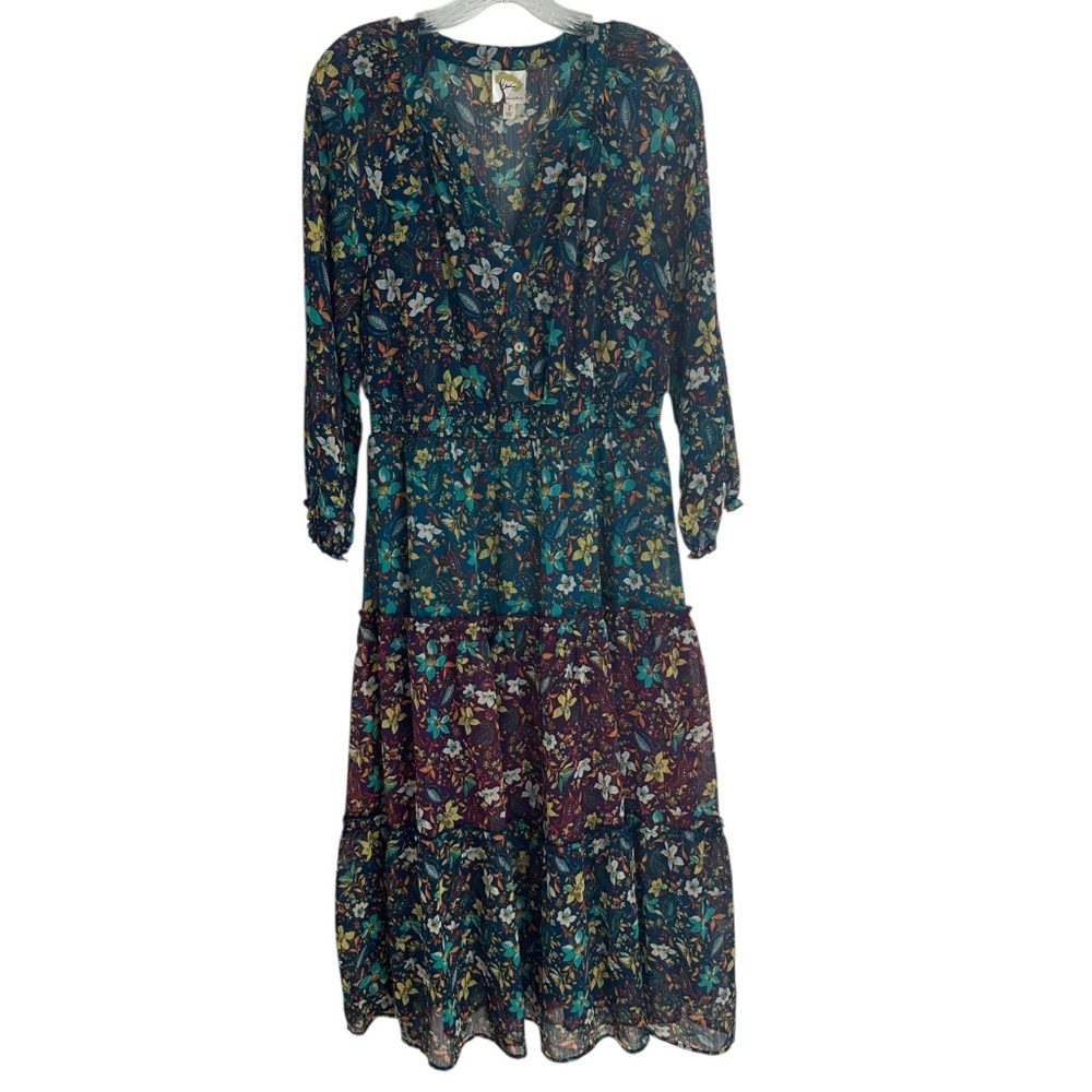 fig and flower Teal and Burgundy Floral Tiered Long Sleeve Midi Dress